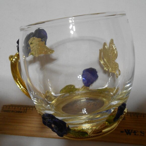 BEAUTIFUL GLASS ARC OF FRANCE DECORATIVE BUTTERFLY CUP MUG BLUE ROSE CLEAR STONE - Picture 6 of 9